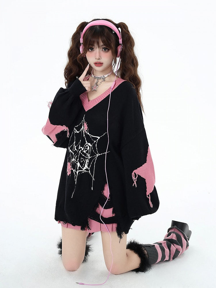 Pattern Spider Distressed Web Hem Black Sweater Holes