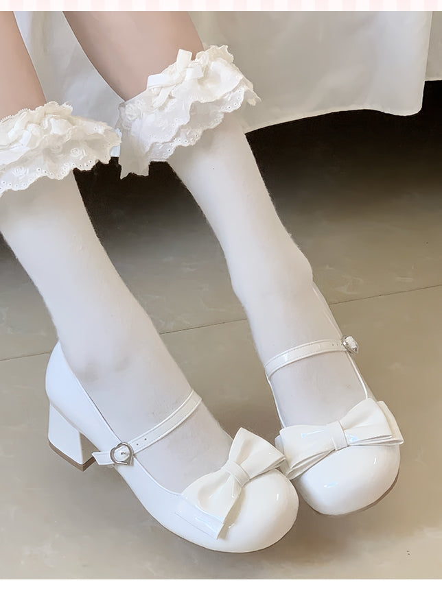 Lolita Party Janes Weiße Mary Sweet Schuhe mit mittlerem Absatz – Tee