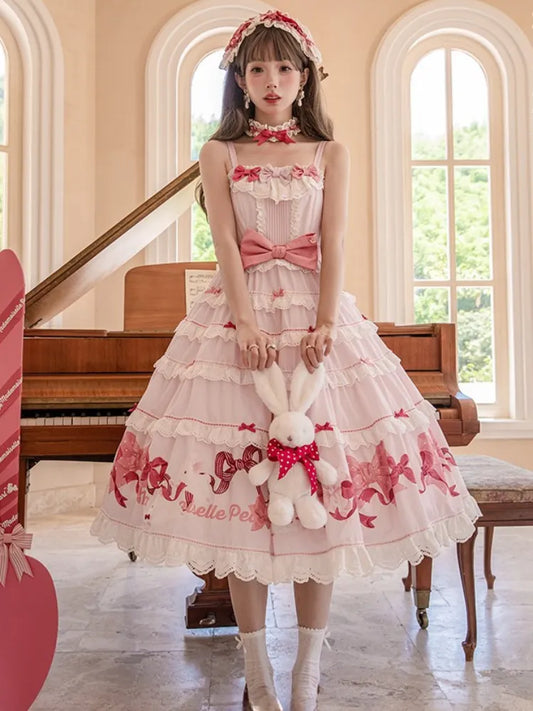 Skirt Sweet Pink Cute and Dress Jumper Bows Print Lolita Bunny