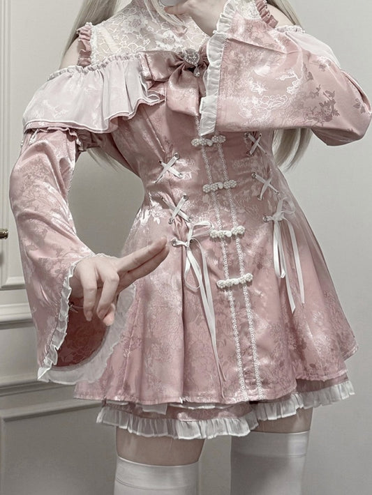 Set - Shorts mit Fliege und Ausschnitt + Glockenärmel, Illusion Cheongsam, Minikleid im Dusty Jirai-Stil, Pink Kei