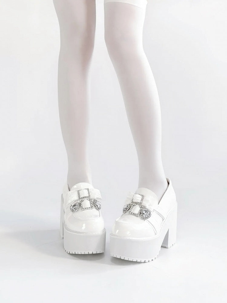 with Jirai Platform Matte Rhinestone Bow White 10cm Heart Loafers Kawaii Kei Heel