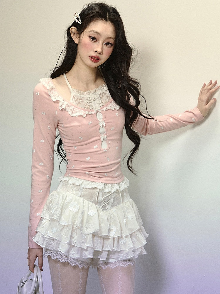 Neckholder-Top mit Spitzenbesatz und Schleifenmuster in Pink