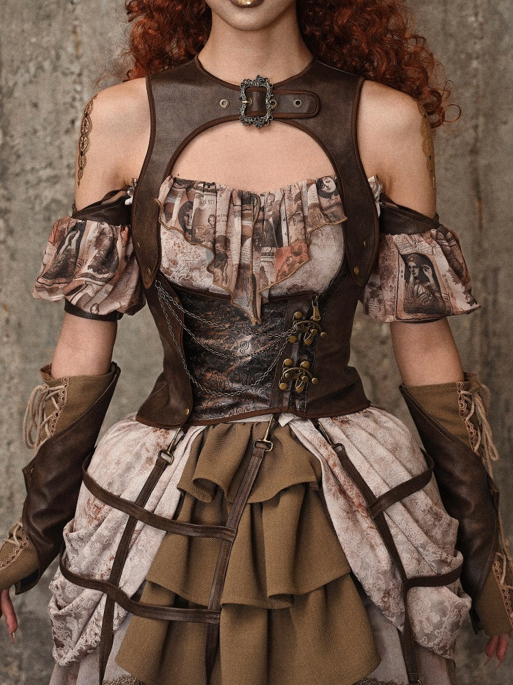 Braune Vintage Steampunk Weste aus Leder Birdcage