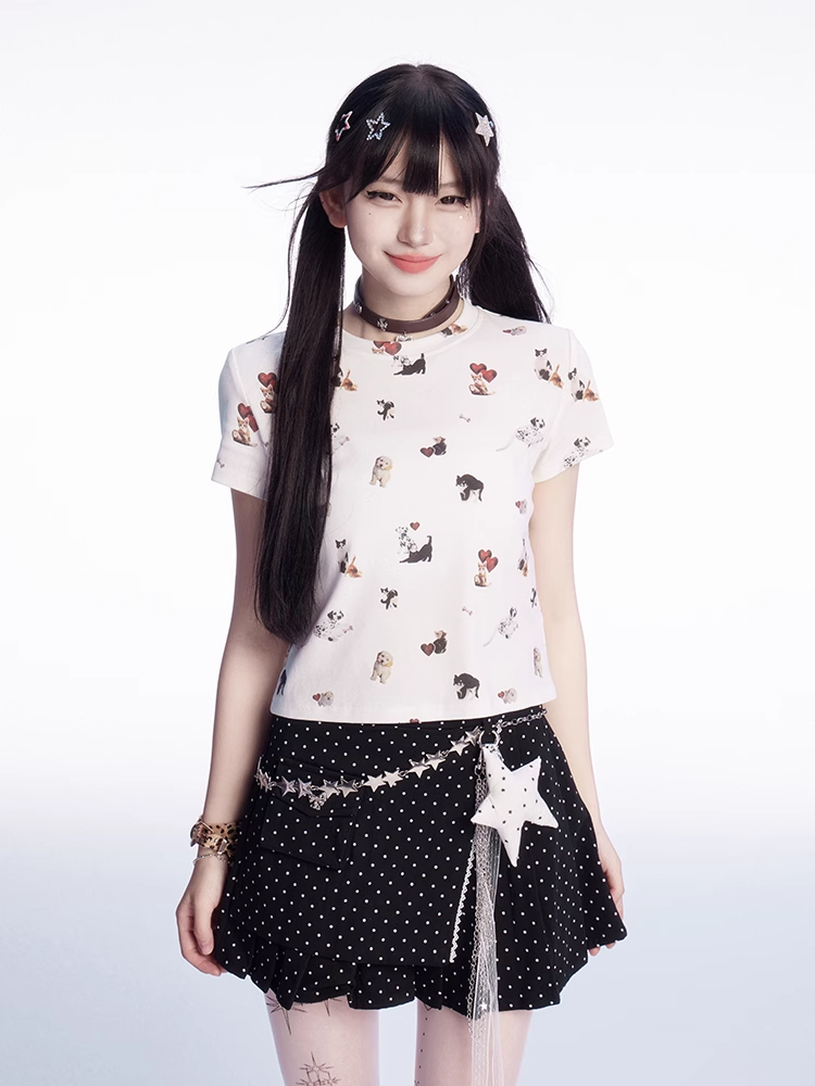 Dot Thigh-Length Skirt Black Polka