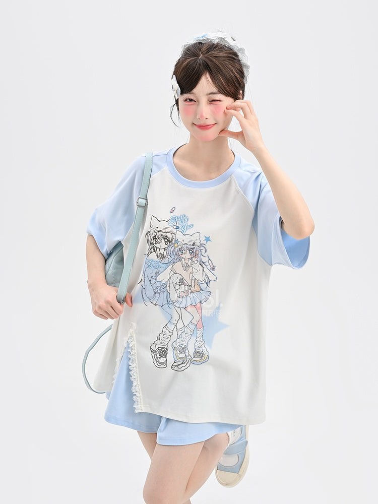 Light Blue Design Anime Girl Print T-Shirt Colorblock Short/Long Version