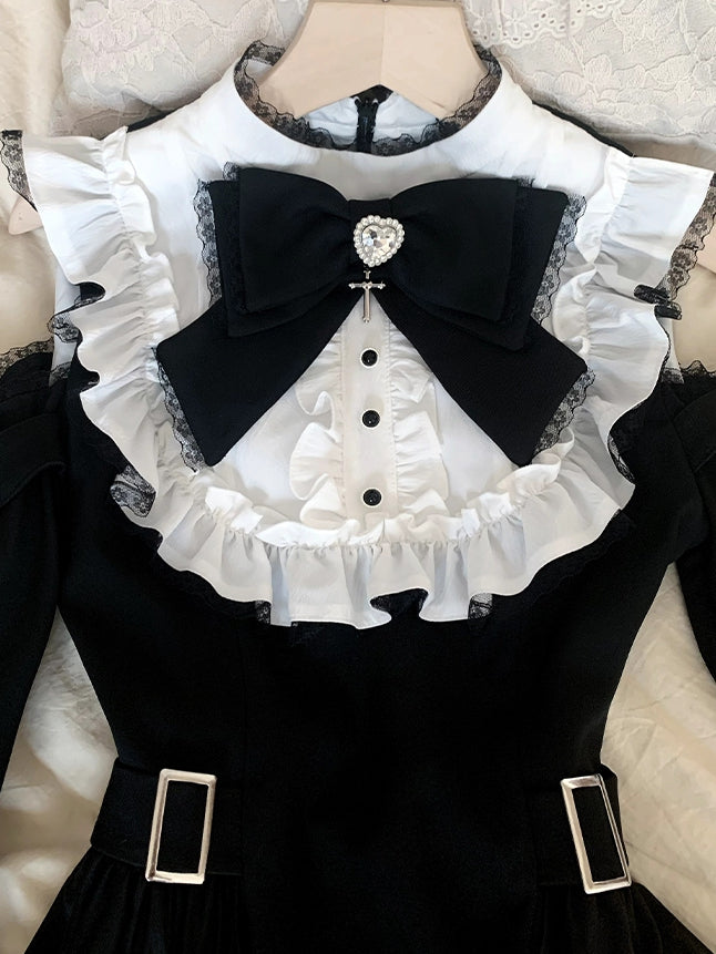 Dress Open Shoulder with Adjustable Heart Buckles and Handkerchief Hem and Jirai Kei Black White