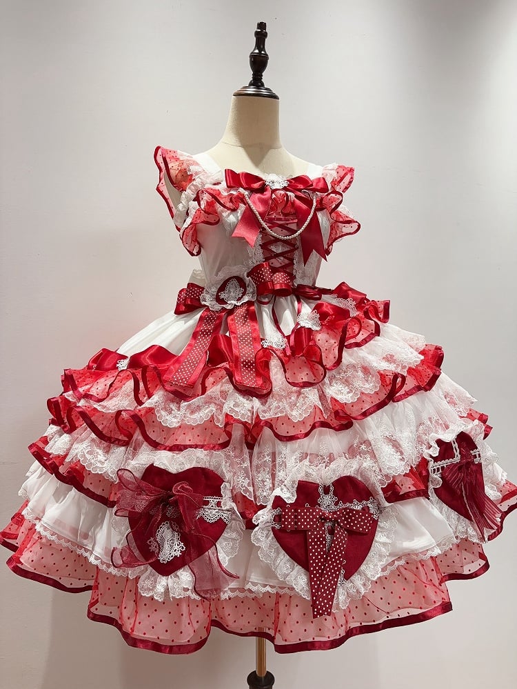 Dress Lolita Heart-shaped Layered Hanayome White and Princess Bows Skirt Jumper Red Decoration
