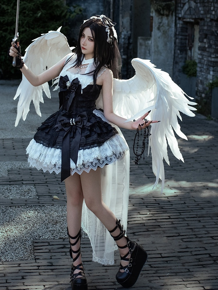 Bows White Dress Black Decorated Gothic Skirt Lolita Tiered and