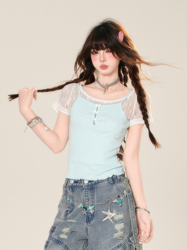 Mint Blue Slim-fitting Set Cami Top Cropped T-shirt Glamorous with Lace