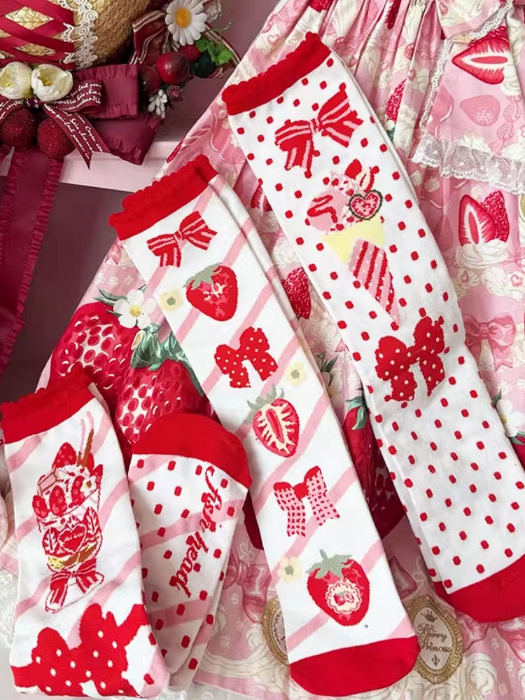Cream Cuff socks Pattern Polka-dot Ruffled Calf Lolita Ice Strawberry