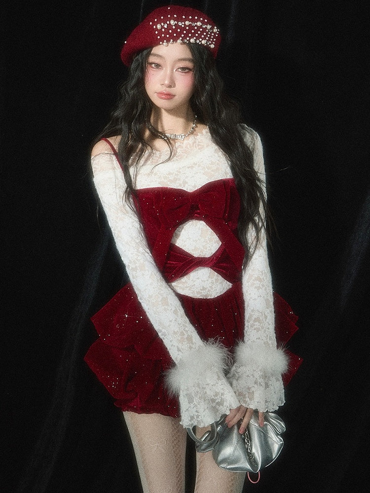 クリスマス レッド カットアウトディテール ティアード バブルスカート ドレス(下着付き)