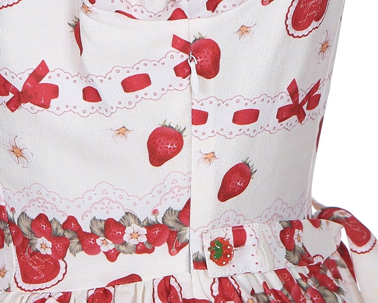 春のイチゴとウサギのプリントレーストリムリボンアクセントベージュスイートドレスロリータワンピース