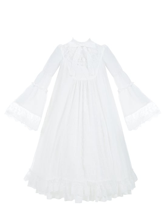 Komplett weißes Shiro Lolita-Kleid mit Trompetenärmeln und Spitzenbesatz