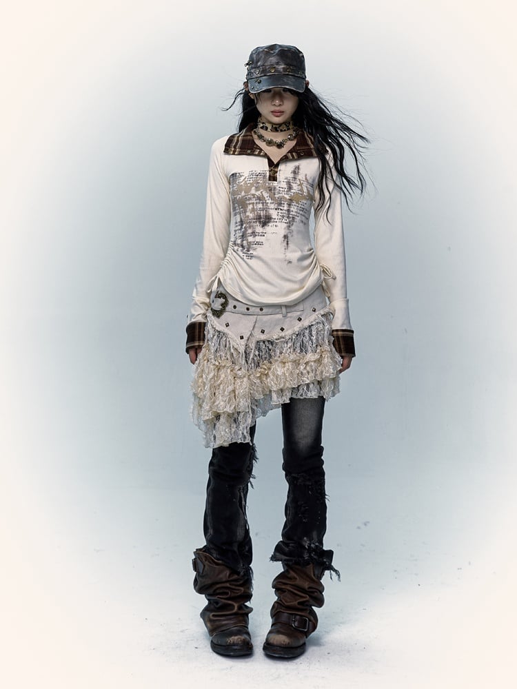 Beiger Spitzenrock mit asymmetrischem Saum, Distressed-Besatz und Schnallendetail