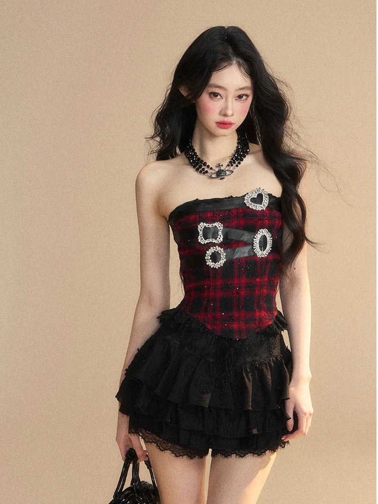 Black Plaid Rhinestone Buckles Lace Trim Glamorous Strapless Top Red