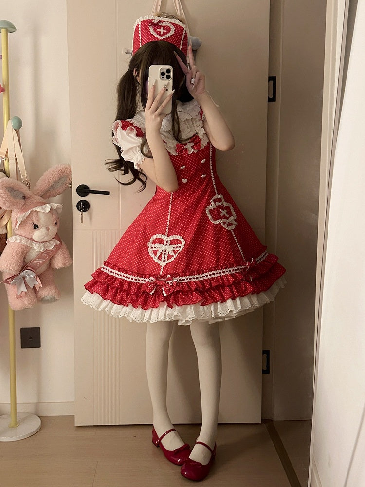 Ruffle Pattern Hemline Layered Dress Polka-dot Lolita Red Nurse
