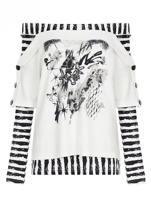 Striped Sleeves WhiteBlack Top Design Print Pattern Neckline Long Off-the-shoulder