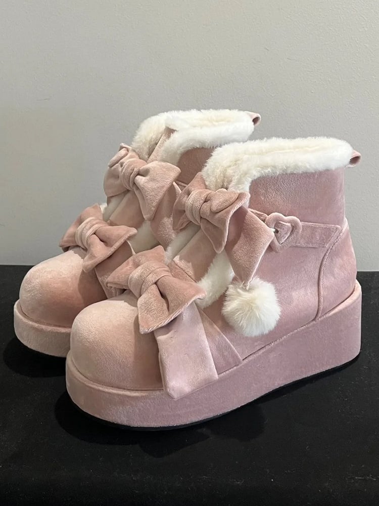 - Lolita Süße Plateaustiefel Pompon Winter Charm Pink