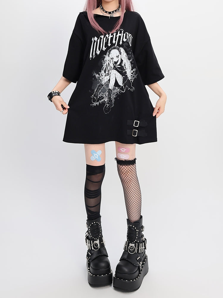 Y2K Black Snap Details Neckline Anime Print Girl Loose T-shirt