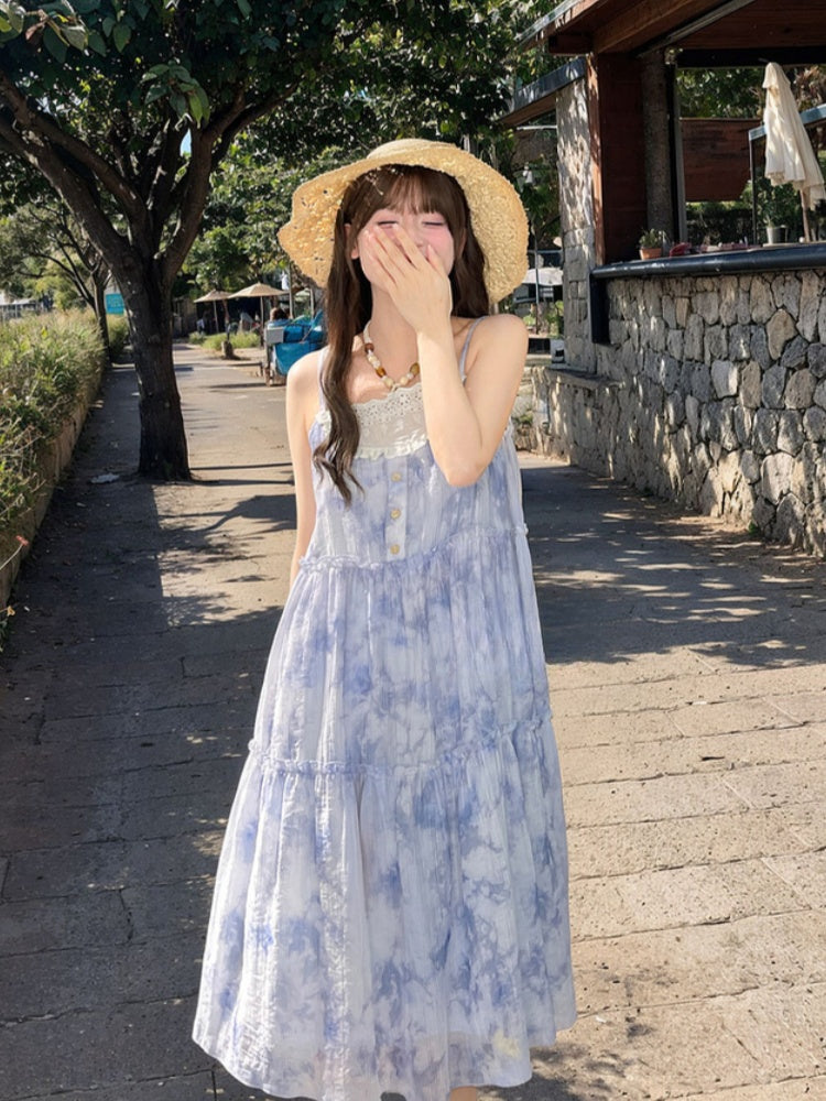 Halter Neck Tie Patches Blue Chiffon Dress Slip Beaded Loose Dye Lace Chain