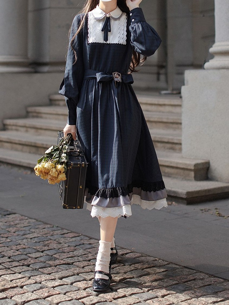 Ärmel Ein Blaues Klassisches Plaid mit Elegantem Lolita Long in Piece Taillengürtel Navy