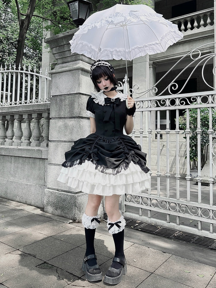 und asymmetrisches Kleid Schwarz Lolita Peter Pan Weißer Rock Stufen Gothic Ärmel Kragen Kurz