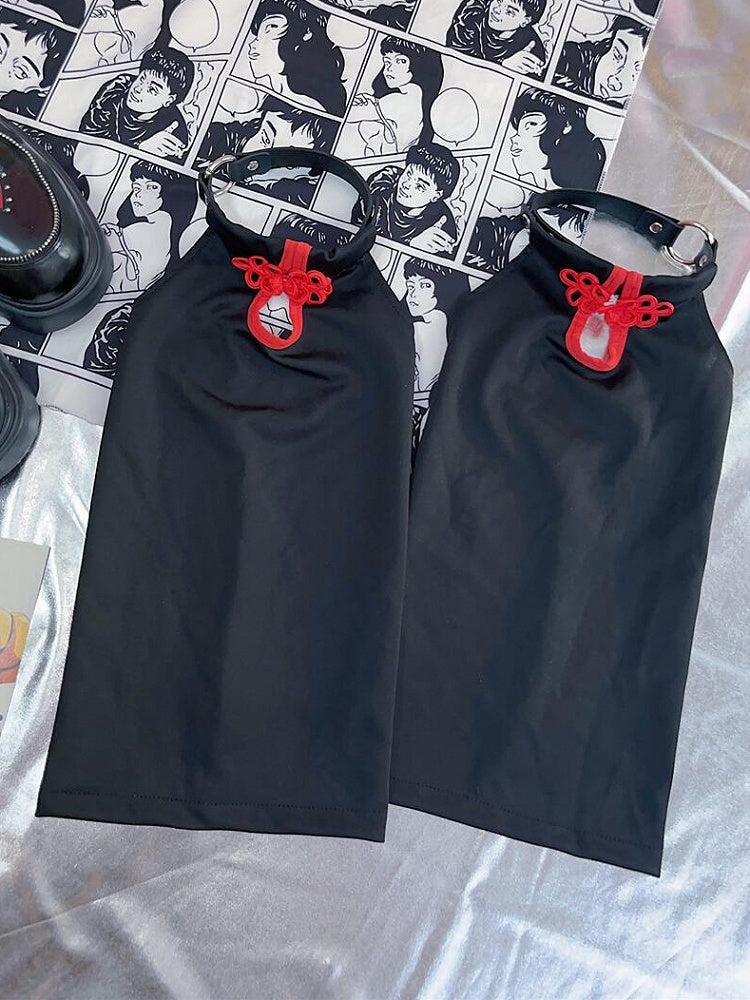 Y2K Warmers Leg BlackRed Knot Button Cheongsam Style