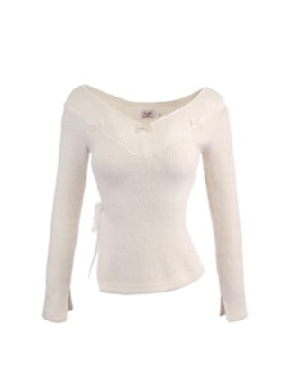 Sweater With Bow Accents and Playful Ribbon Detail White Lace-Trimmed V-Neck Knit