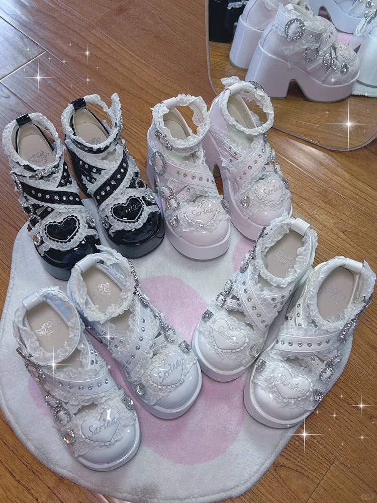 Jirai Buckle with Rhinestone Block Toe and Lace High Heel Embellished Black Straps Shoes: Round Cross Platform Kei