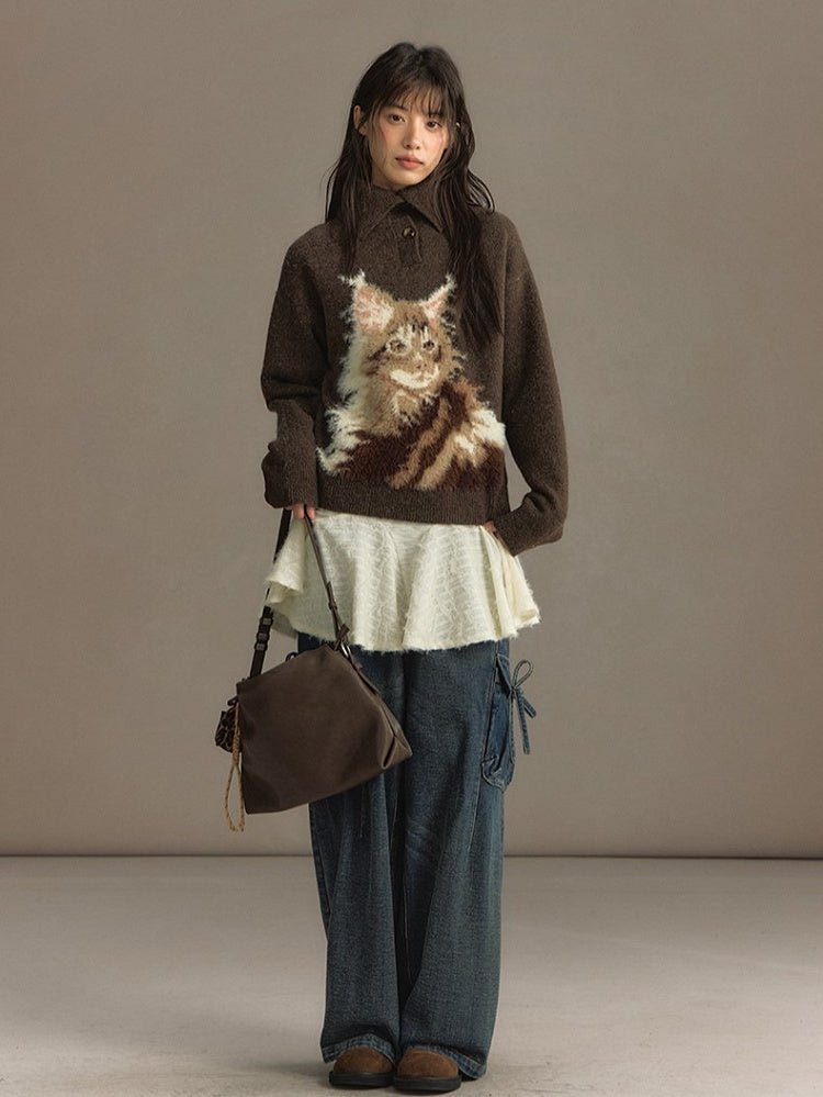 Beige/Brown Cozy Loose-Fit Pullover Sweater with Cat Design and Convertible Collar