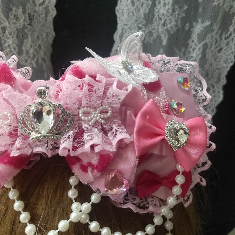 Leopard Design Charm Pattern Lace Bowknot Trim Pink Beaded Hairclip Floral Rhinestone Decorated