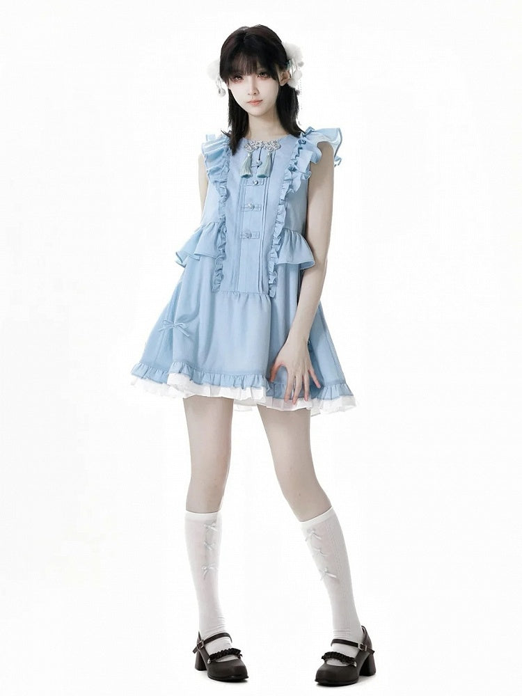 Rococo Back Buttons Style Blue Flutter Sleeves Big Sleeveless Dress Knot Cheongsam Details Tassel Bow