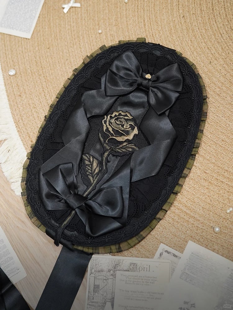 Accents with Lolita Bow Green/Red Embroidered Bonnet Black Rose