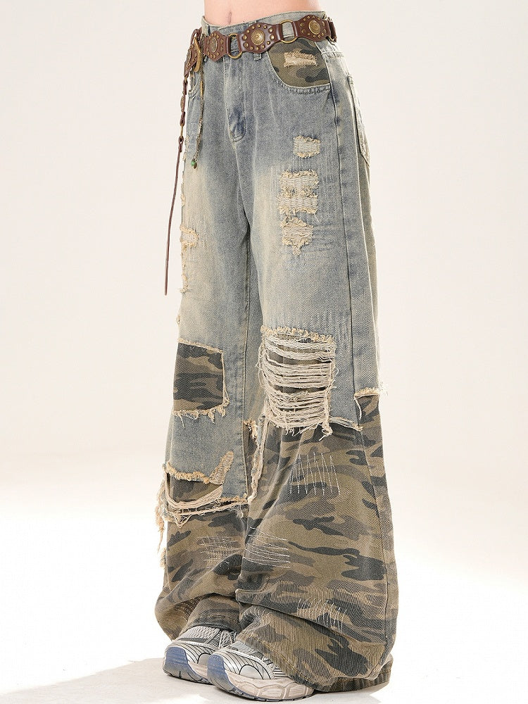 Blaue Camo Löcher Schnitt Bittersüß Glamourös Jeans Muster Weites Bein Distressed