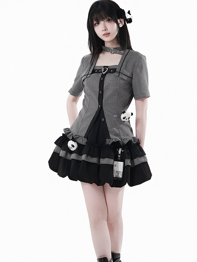 Choker Design Ruffled Hem Plaid Blouse Black Criss-cross All-in-one and