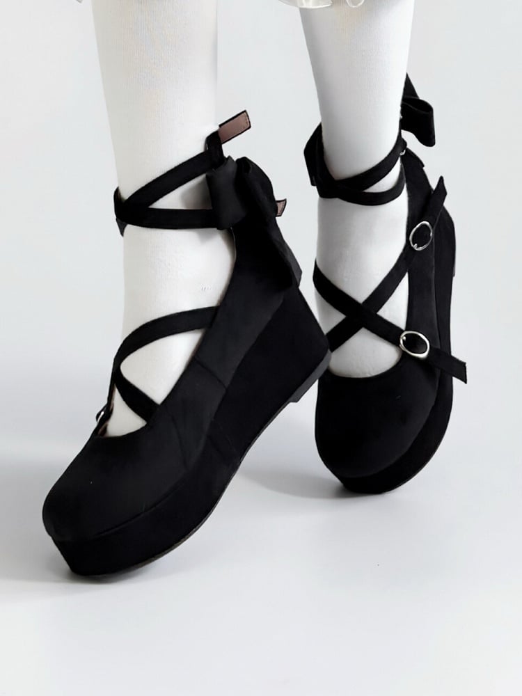 PU - Round Design Black Sweet Bow Wedge Crisscross Platforms Toe Accent