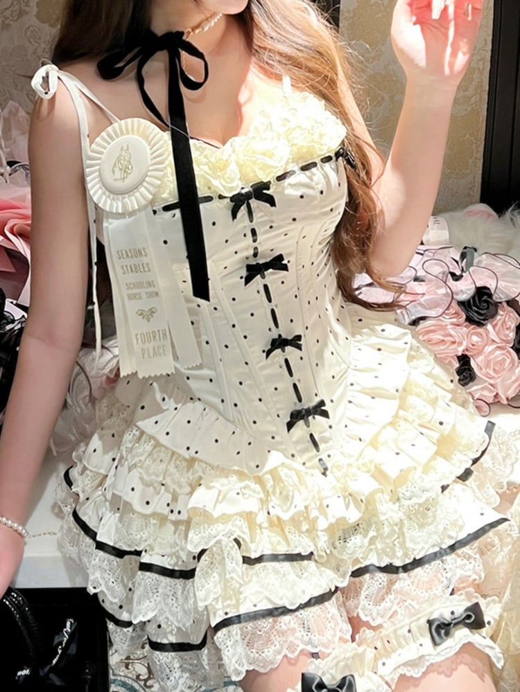 Beige Polka-dot Bowknot Lace Trim Corset Cami Top