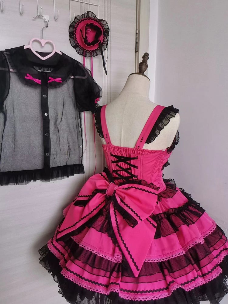 Accents Lolita Dress Sweet Hot Bow Ruffles Pink Layered with Black Heart Front