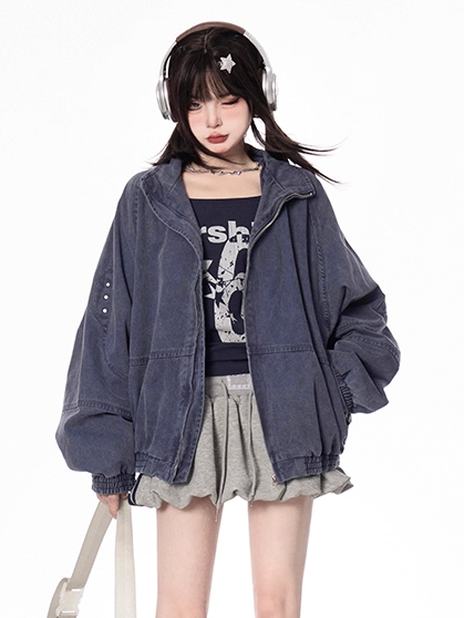 Design Banded Collar Faded Wash Distressed Blue/Apricot Jacket Autumn Zip-up