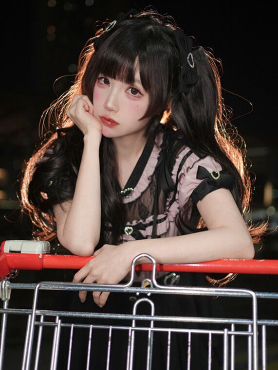 Jirai Kei Decorated Heart Bowknot Rhinestone Hairclips Black/Pink