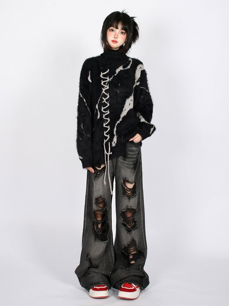 Vintage Dark Aesthetic Turtle Neck Sweater with Lace-Up Design