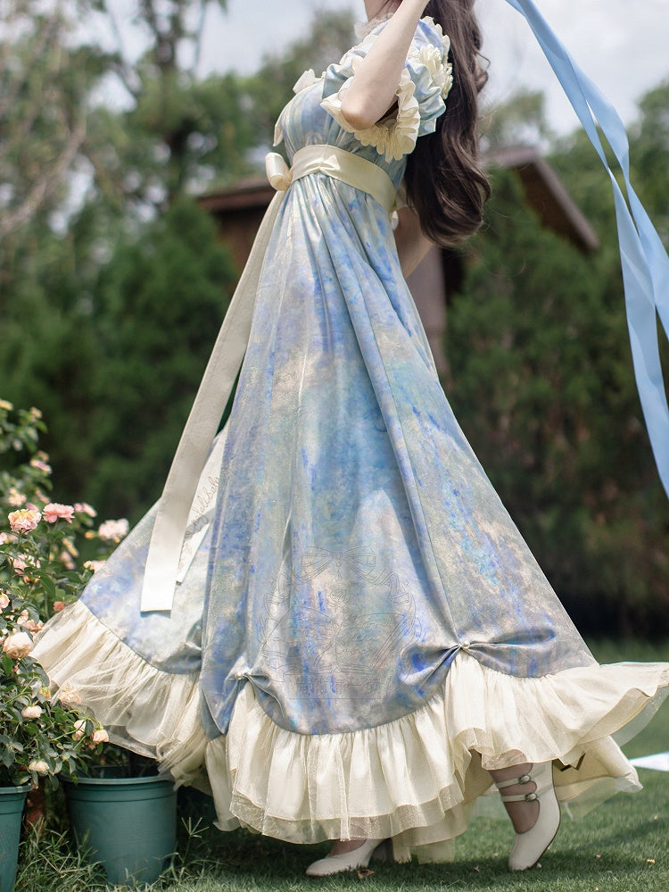 Piece Lolita Maxi One Dress Waist Elegant Classic Painting Blue Empire Oil Print