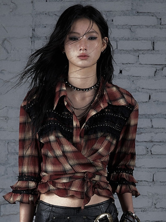 Ödland Hemd Muster Punk Trim Plaid Spitze Rot