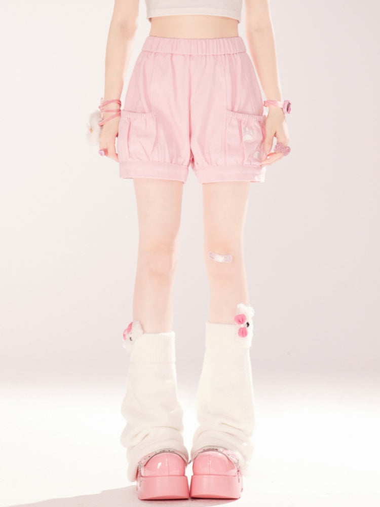 Elastic Waist Shorts Paw Embroidery Pink/Blue/Black Kitty