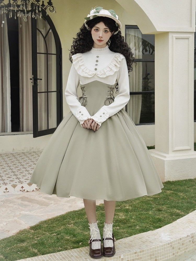 Spring Sleeves Ruffle Neckline Fake Lolita Dress Light Green Long Design and Classic Two-pieces Beige