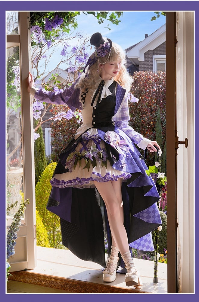 Waistcoat Tops - Blazer Cropped Ouji Set Half-plaid Half-stripes Purple Lolita Half-black + Half-white Backless Pattern