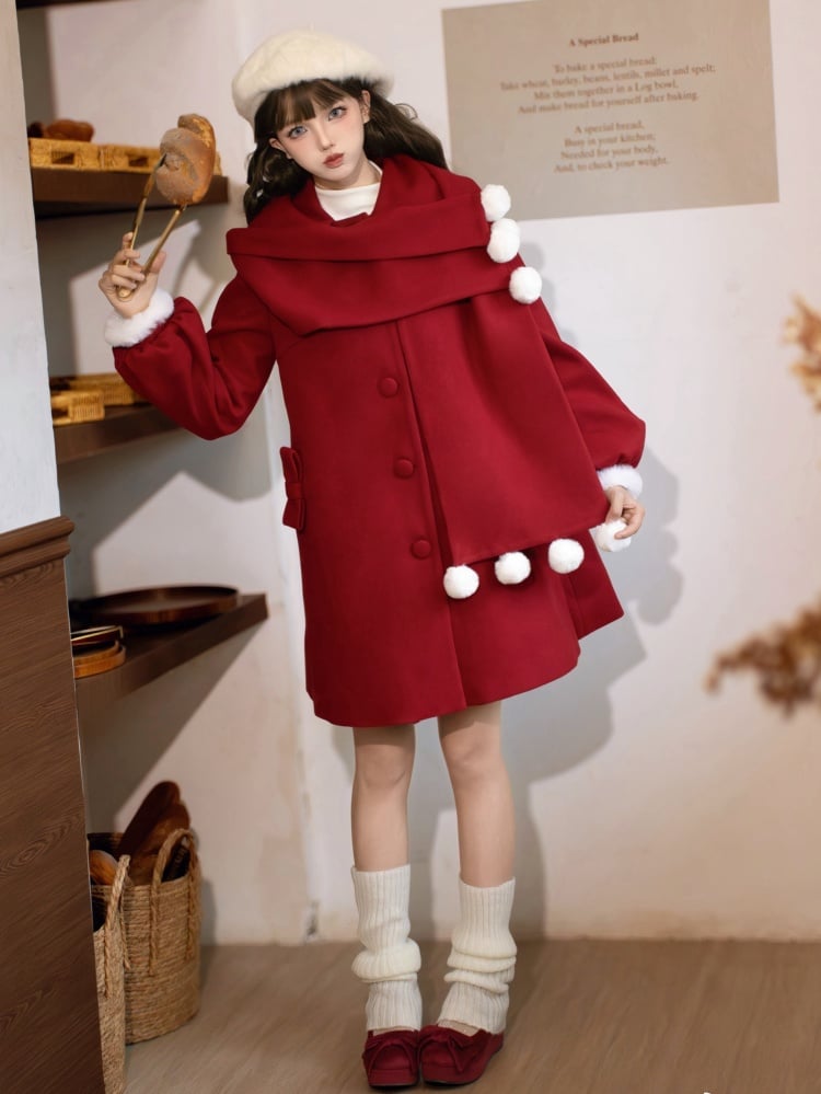 Pompoms Schal Kragen Rot Neue Jahr Outfit Wollmantel Plüsch Trim Manschetten