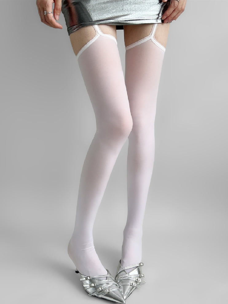 Lace Trim White/Purple/Gray/Black Suspender Stockings