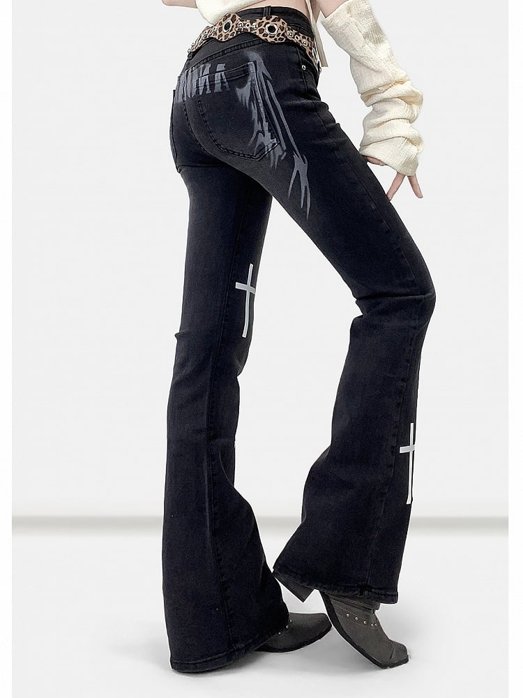 Flare Black Wings Print Y2K Jeans And Silhouette Cross