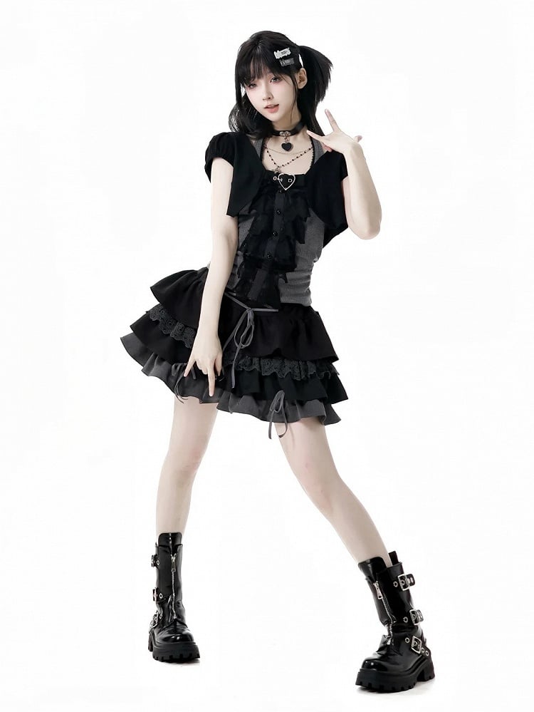 Skirt Cropped Top+Halter Neck Top+Tiered Sleeves Y2K Black and Gray Three Pieces Set - Short